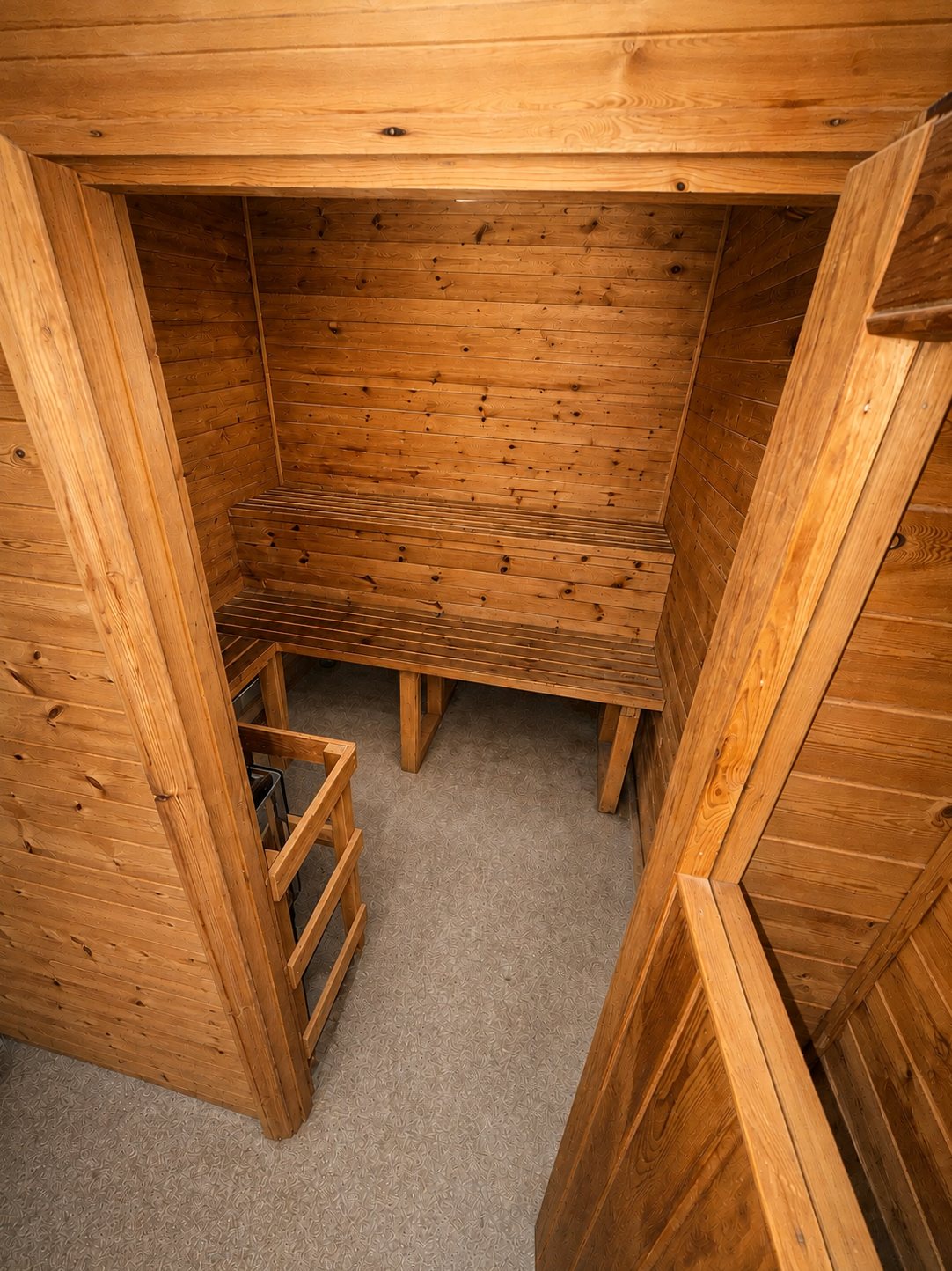 The sauna at The Maltings, benches and slatted seating